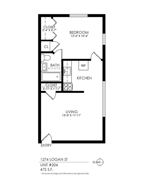 Floor plan for 1 bed, 1 bath, 490 sqft